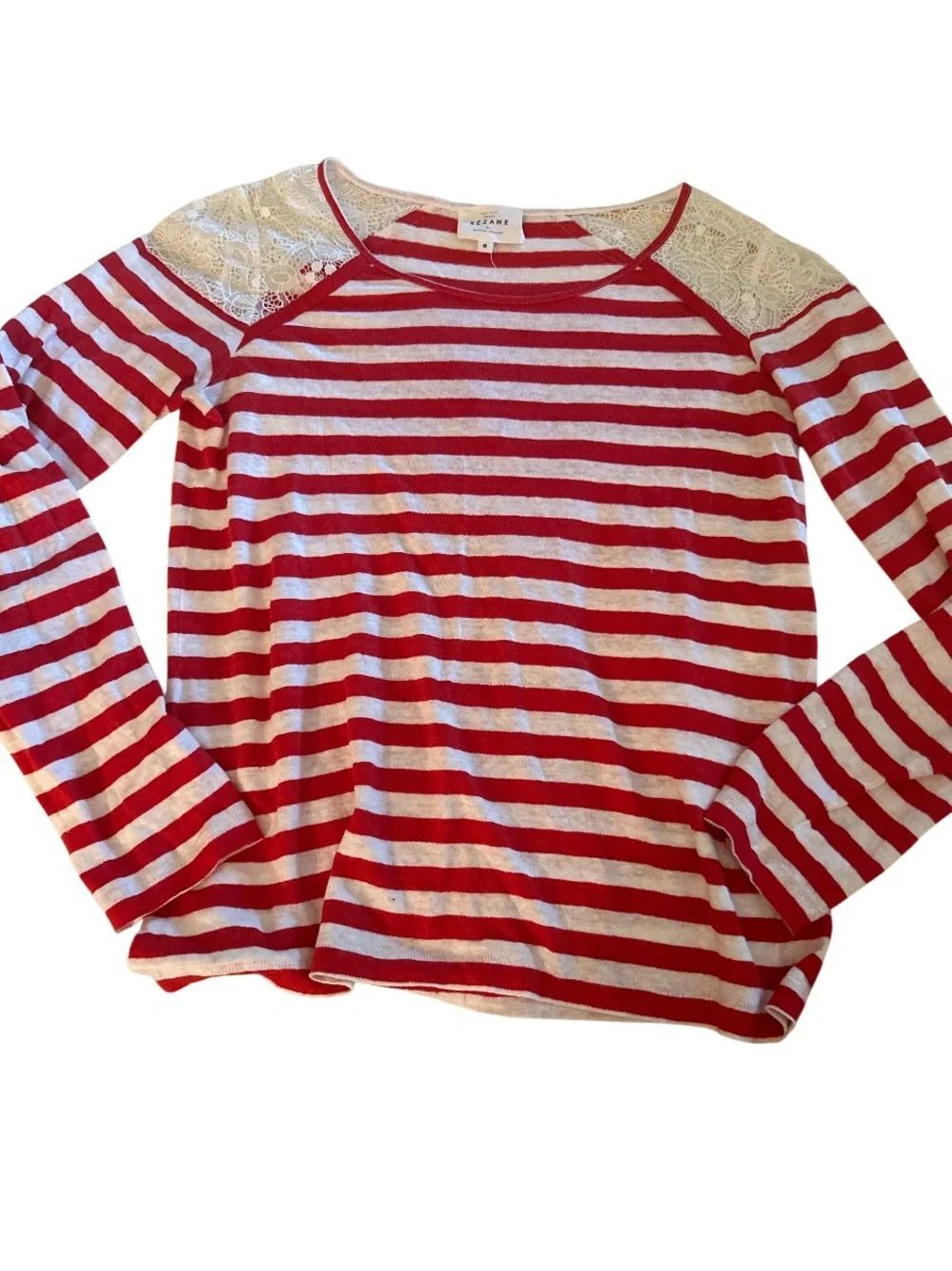 Sezane long-sleeved red/ white striped top delicate white lace size small